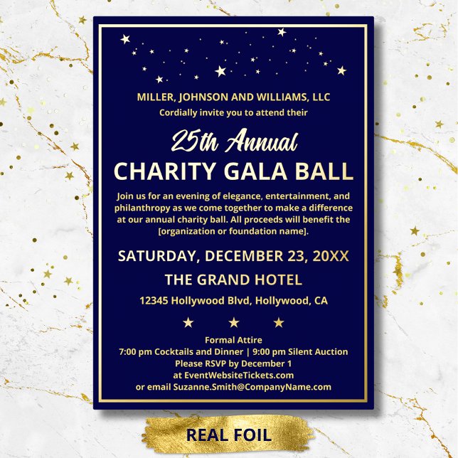 Company Wohltätigkeit Gala Ball Elegante Blue Cust Folieneinladung (Company Annual Charity Gala Ball elegant custom gold foil invitation with matching envelope.)