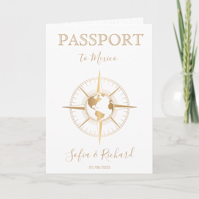 Compass Hochzeit in Urlaubsort Passport Weltkarte Einladung (Vorderseite)
