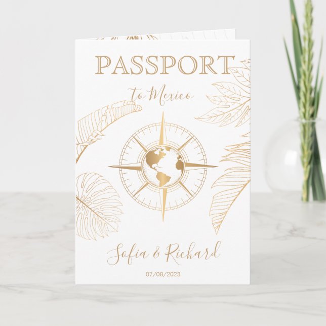 Compass Hochzeit in Urlaubsort Passport Weltkarte Einladung (Vorderseite)
