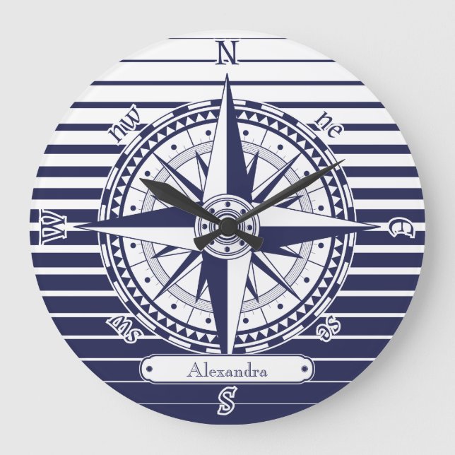 Compass Rose Blue Stripes Große Wanduhr (Vorderseite)