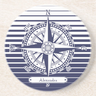 Compass Rose Blue Stripes Sandstein Untersetzer