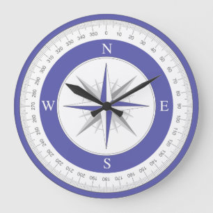 Compass Rose Blue White Nautic Große Wanduhr