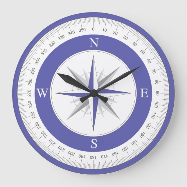 Compass Rose Blue White Nautic Große Wanduhr (Vorderseite)