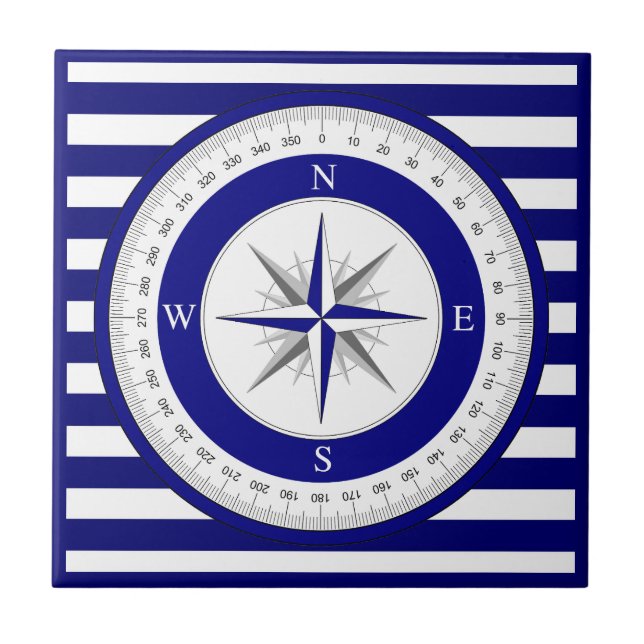 Compass Rose Nautical Blue and White Strip Fliese (Vorderseite)