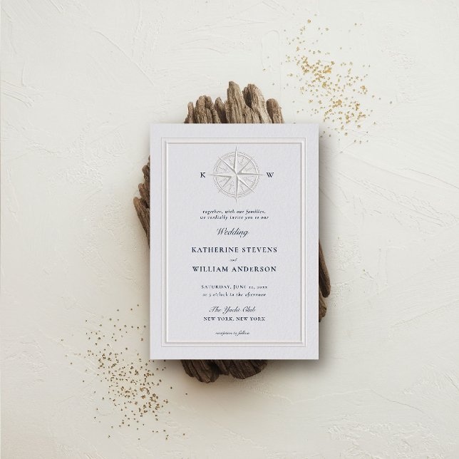 Compass Rose Nautical Coastal formale Rahmen Hochz Einladung (nautical wedding invitation compass rose modern classicformal traditional beach ocean coastal ivory)