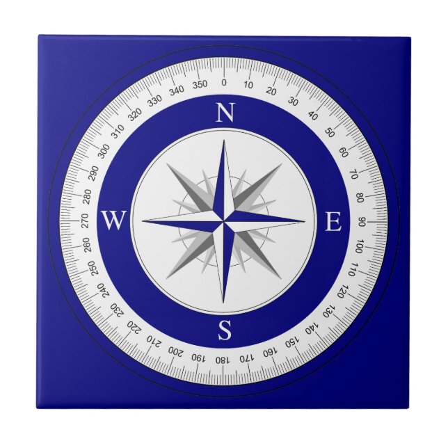 Compass Rose Navy Dunkelblau und Weiß Nautik Fliese (Vorderseite)