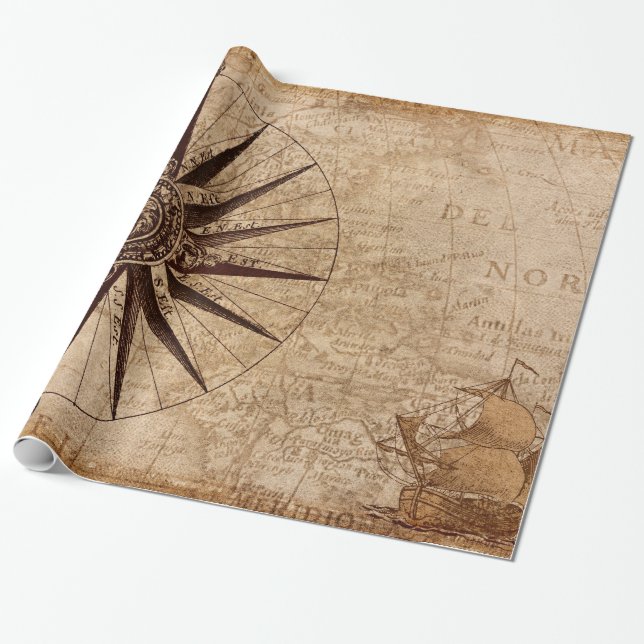 Compass Segelschiff Discovery Age World Map Geschenkpapier (Ungerollt)