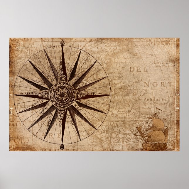 Compass Segelschiff Discovery Age World Map Poster (Vorne)