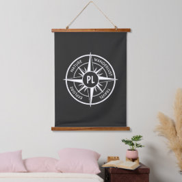 Compass star Emblem monogramm schwarz-weiß Wandteppich Mit Holzrahmen