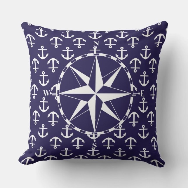 Compass White and Blue Nautic Anchor Muster Kissen Für Draußen (Vorderseite)