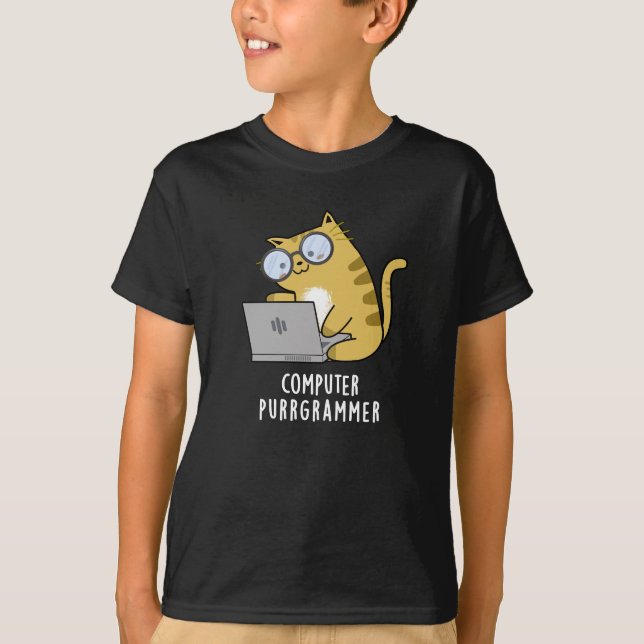 Computer Purr-Grammer Funny Cat Pun Dark BG T-Shirt (Vorderseite)