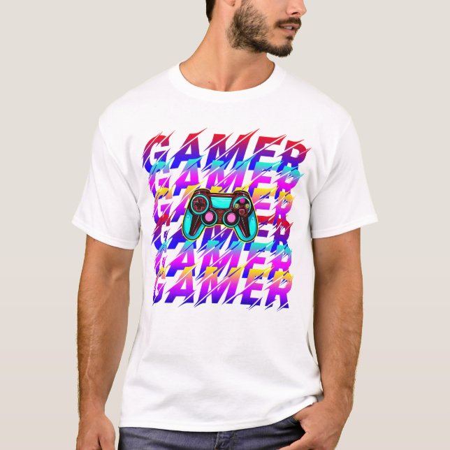 Computercontroller Gamer Typografie mit wiederholt T-Shirt (Vorderseite)