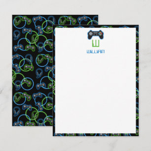 Computerspiel Neon Blau und Grün Muster Monogramm Mitteilungskarte