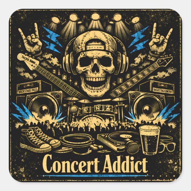 Concert Addict – Live Music Fan Culture Quadratischer Aufkleber (Vorderseite)