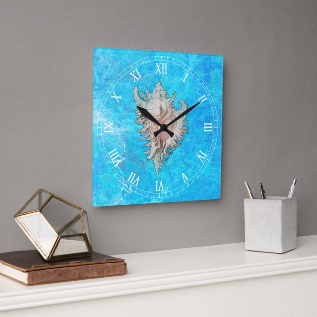 Conch Muschel "Beach Life" Quadratische Wanduhr (Büro)
