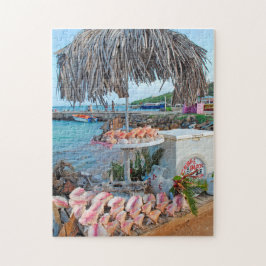 Conch Muscheln auf einem Stall in Saint Vincents. Puzzle
