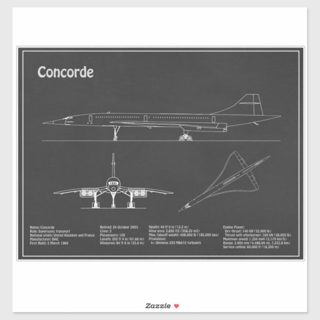 Concorde - Flugzeugkonzept Zeichnend Pläne PD Aufkleber (Blatt)