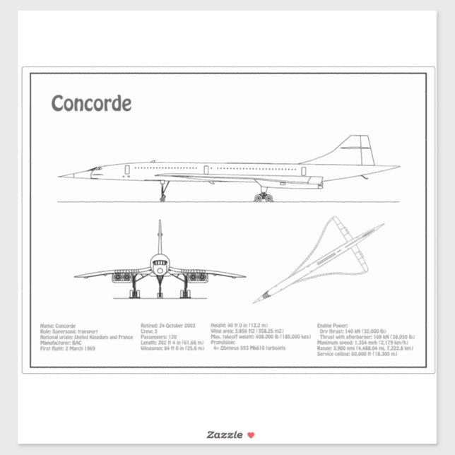 Concorde - Flugzeugkonzeption Zeichnend Pläne BD Aufkleber (Blatt)