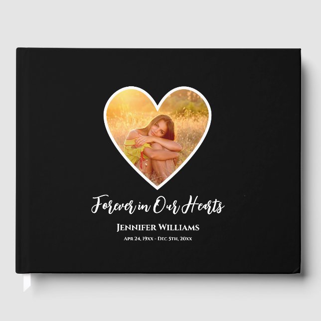 Condolence Foto Black Heart Moderne Kalligrafie Gästebuch (Vorderseite)