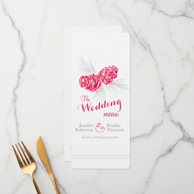 Cones Rot graue Winter Hochzeitsmenü Menükarte (Vorderseite/Rückseite Beispiel)