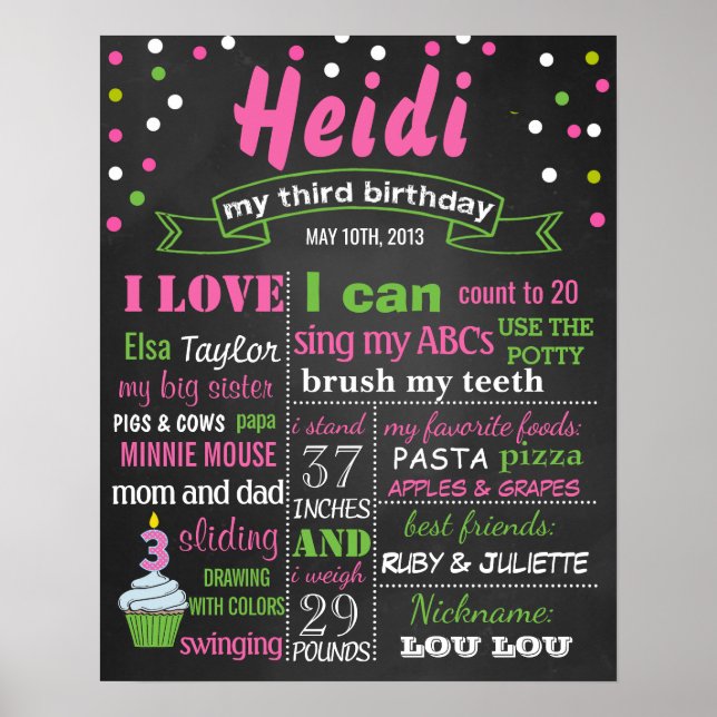 Confetti 3. Geburtstag Party-Tafelschild Plakat (Vorne)