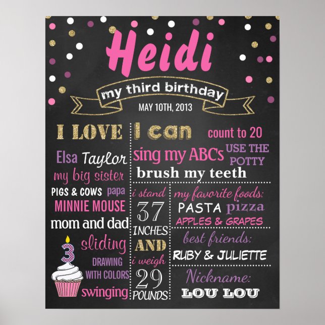 Confetti 3. Geburtstag Party-Tafelschild Plakat (Vorne)