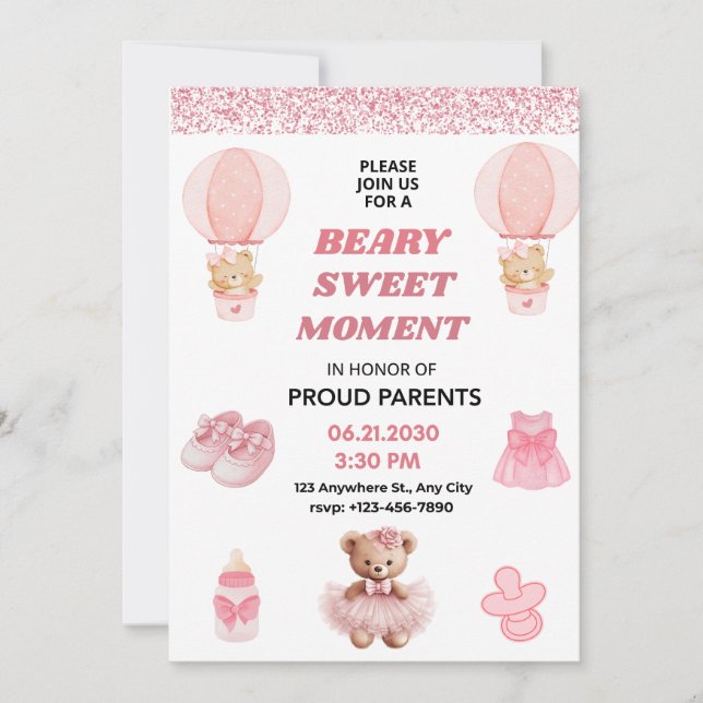 CONFETTI, BEARY SWEET MOMENT GIRL 5X7 BABY SHOWER EINLADUNG (Vorderseite)