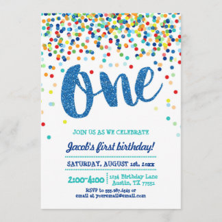 Confetti Blue Glitzer Erster Geburtstag Einladung