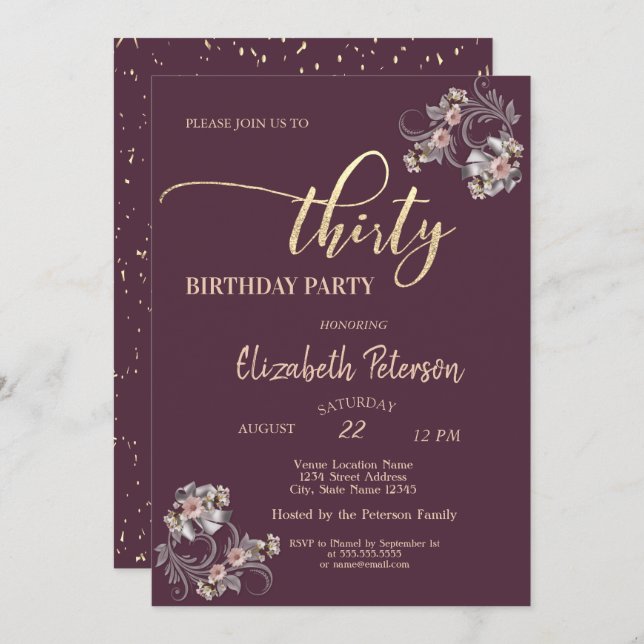 Confetti Burgundy Floral 30. Geburtstag Party Einladung (Vorne/Hinten)