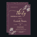 Confetti Burgundy Floral 30. Geburtstag Party Einladung<br><div class="desc">Blume,  und Goldkonfetti auf burgundischen Hintergrund Geburtstagsfeier Einladung.</div>