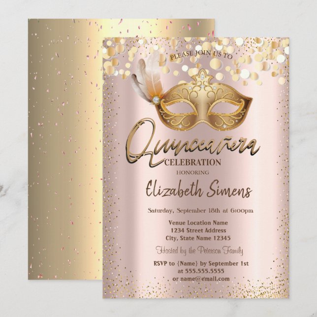 Confetti Chic Masque Rose Gold Quinceañera Einladung (Vorne/Hinten)
