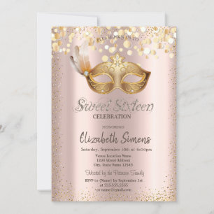 Confetti Chic Masque Rose Gold Sweet 16 Einladung