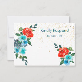 Confetti Coral und Aqua Floral Wedding RSVP Karte