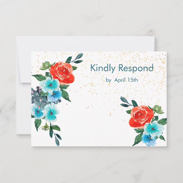 Confetti Coral und Aqua Floral Wedding RSVP Karte (Vorderseite)