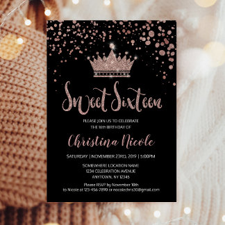 Confetti Crown Rose Gold Schwarzer Glam Sweet 16 Einladung