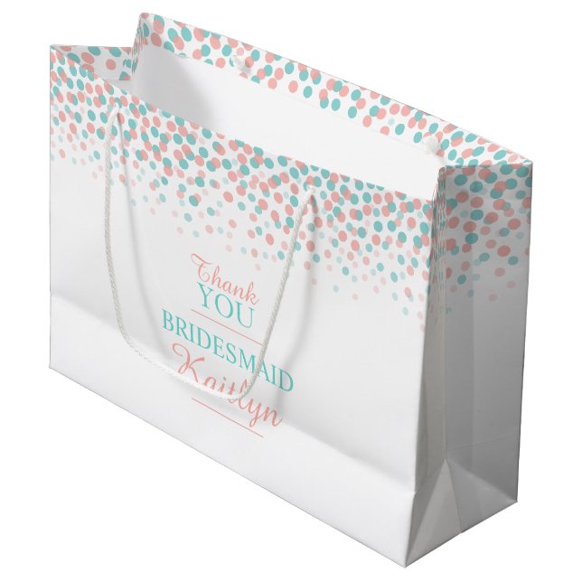 Confetti dots aquamarin korallorange Hochzeitsgesc Große Geschenktüte (Vorderseite Schrägansicht)