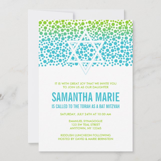 Confetti Dots Aquamarin Lime Green Bat Mitzvah Einladung (Vorderseite)