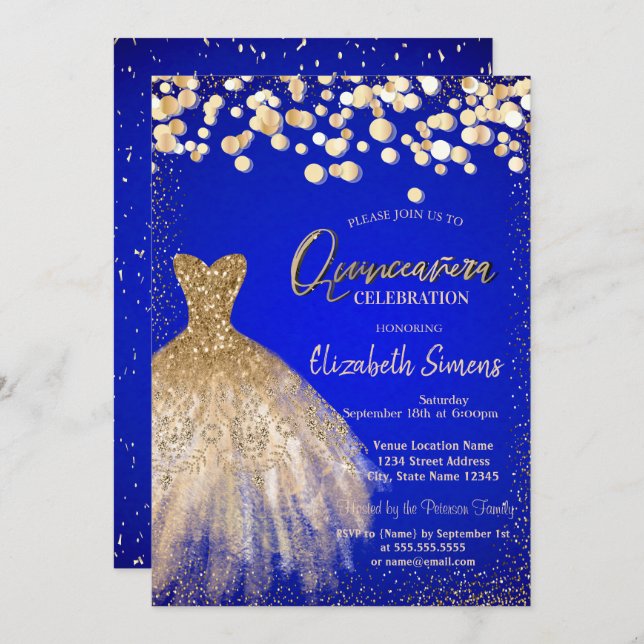Confetti Dots, Chic Dress Royal Blue Quinceañera Einladung (Vorne/Hinten)