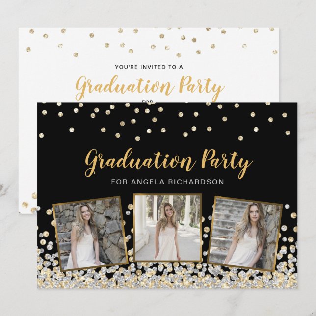 Confetti Foto Collage Gold Graduation Party Einladung (Vorne/Hinten)