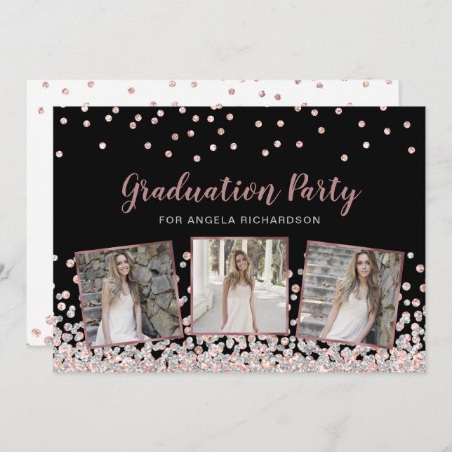 Confetti Foto Collage Rose Gold Graduation Party Einladung (Vorne/Hinten)