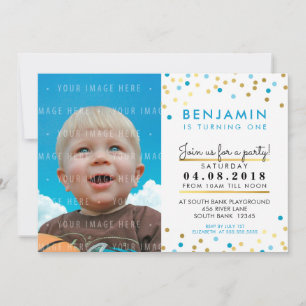 CONFETTI Geburtstagsparty INVITE Blue Gold Junge Einladung