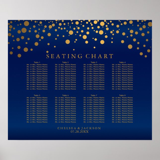 Confetti Gold Dots & Navy Blue Satin Seating Chart Poster (Vorne)