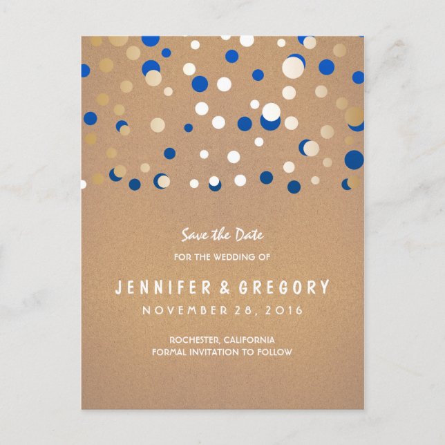 Confetti Gold und Blau Save the Date Ankündigungspostkarte (Vorderseite)