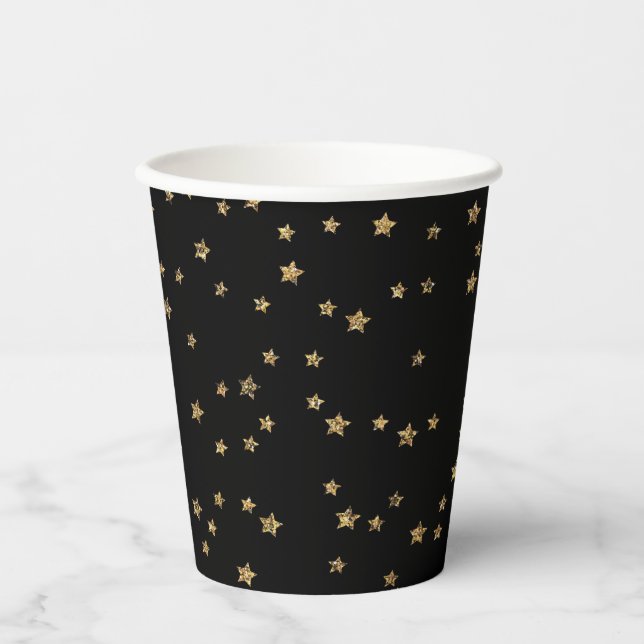 Confetti golden stars Glitzer glänzen elegant schw Pappbecher (Vorderseite)