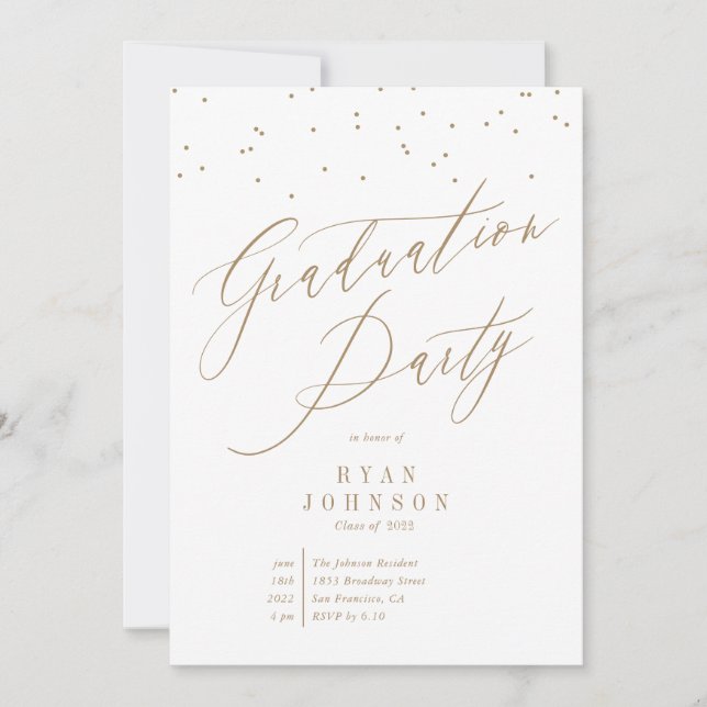 Confetti Graduation Party Script Gold Einladung (Vorderseite)