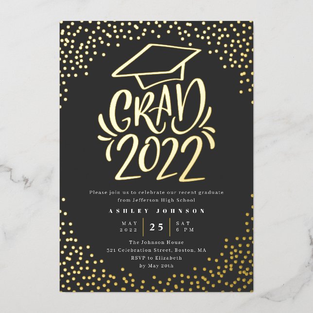 Confetti Lettered Grad 2022 Graduation Party Black Folieneinladung (Vorderseite)