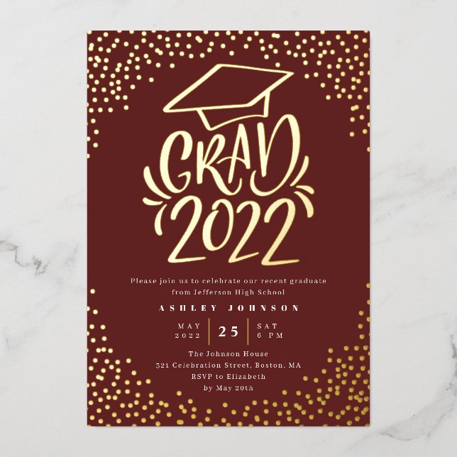 Confetti Lettered Grad 2022 Graduation Party Red Folieneinladung (Vorderseite)