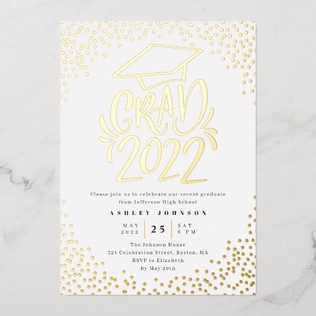 Confetti Lettered Grad 2022 Graduation Party White Folieneinladung (Vorderseite)