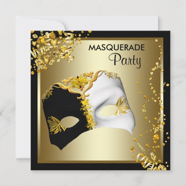Confetti Mask Black Gold Masquerade Party Einladung (Vorderseite)