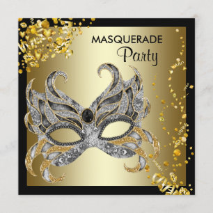 Confetti Mask Black Gold Masquerade Party Einladung